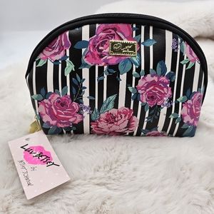 Luv Betsey Johnson‎ NWT travel cosmetic make up bag black & white stripe floral